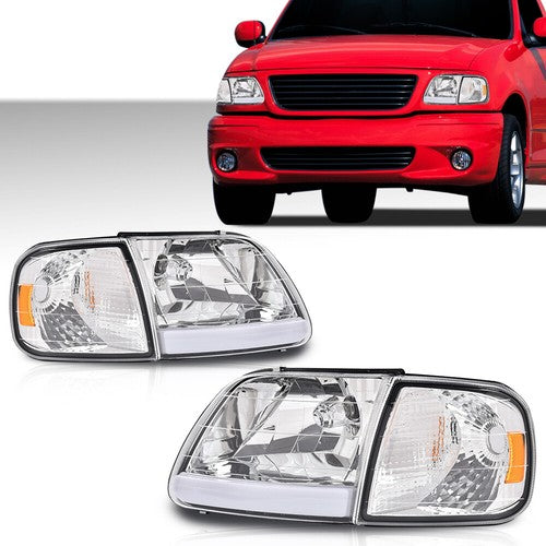 Solid Spare Fit For 97-2004 F-150 Expedition Chrome/Clear LED DRL Headlights & Corner Lights