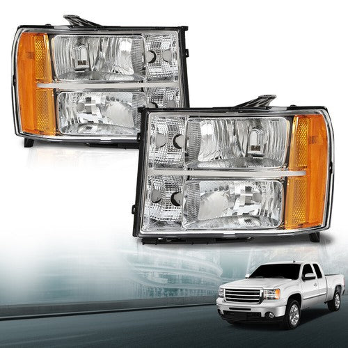 Solid Spare Headlights Fit For 2007-2013 GMC Sierra 1500 2500HD 3500HD Crystal Left+Right