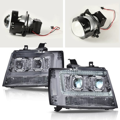 Solid Spare Fit For 2007-2014 Avalanche Tahoe Suburban LED Projector Headlights Smoke Chrome