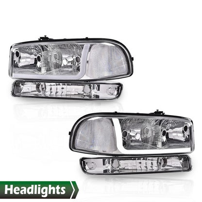Solid Spare LED DRL Clear Chrome Headlights+Bumper Lamps Fit For 1999-2007 GMC Sierra/Yukon