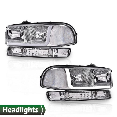 Solid Spare LED DRL Clear Chrome Headlights+Bumper Lamps Fit For 1999-2007 GMC Sierra/Yukon