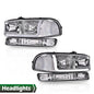 Solid Spare LED DRL Clear Chrome Headlights+Bumper Lamps Fit For 1999-2007 GMC Sierra/Yukon