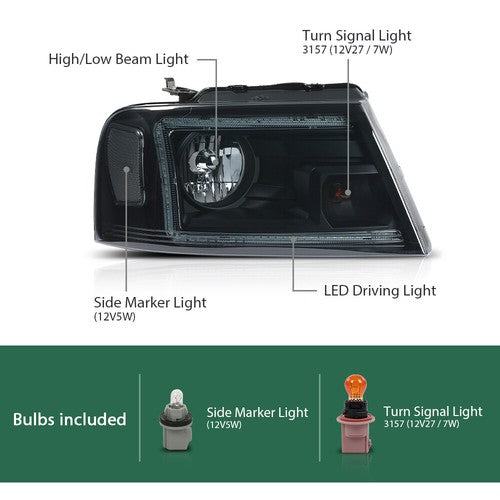 Solid Spare Fit For 04-08 Ford F-150/Lincoln Mark LT Smoke/Black LED DRL Headlight/Lamps