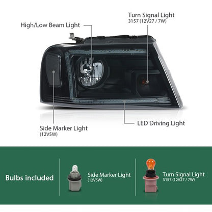 Solid Spare Fit For 04-08 Ford F-150/Lincoln Mark LT Smoke/Black LED DRL Headlight/Lamps