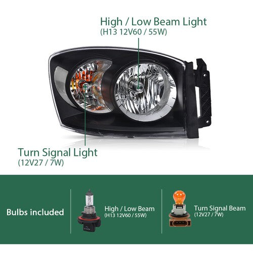 Solid Spare Fit For 06-09 Dodge Ram 1500 2500 3500 Headlights Headlamps Set Black/Clear