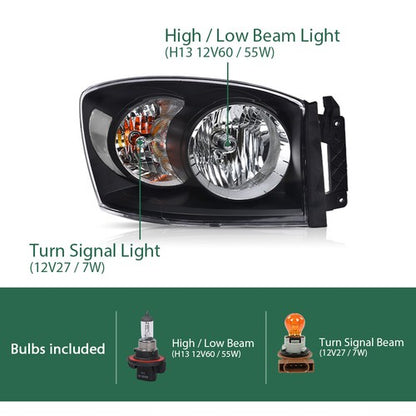Solid Spare Fit For 06-09 Dodge Ram 1500 2500 3500 Headlights Headlamps Set Black/Clear