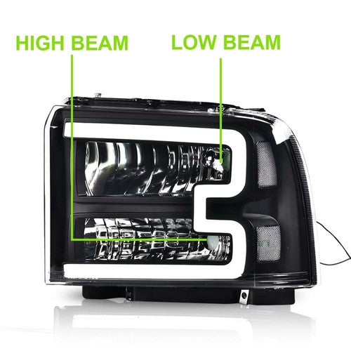 Solid Spare LED DRL Clear/Black Headlights Fit For 05-07 Ford F250 F350 F450 F550 Super Duty