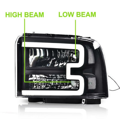 Solid Spare LED DRL Clear/Black Headlights Fit For 05-07 Ford F250 F350 F450 F550 Super Duty