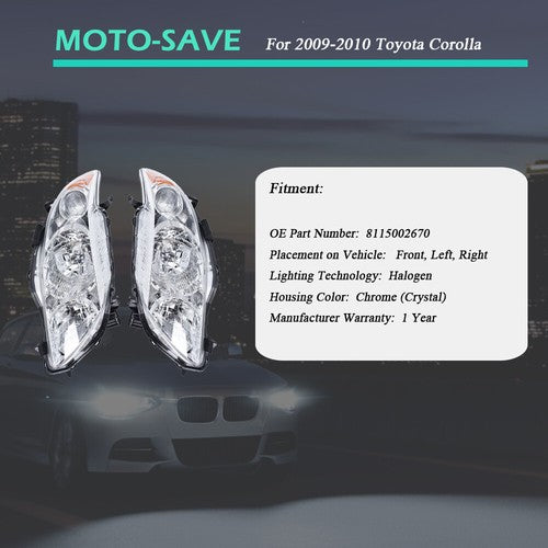 Solid Spare Front Headlight Assembly For Toyota Corolla 2009-2010 LH + RH Pair Clear Lens