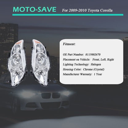 Solid Spare Front Headlight Assembly For Toyota Corolla 2009-2010 LH + RH Pair Clear Lens