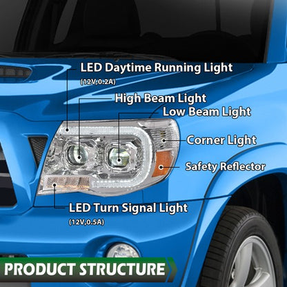 Solid Spare Fit For 05-11 Toyota Tacoma Clear Lens Chrome Dual LED Projector Headlights