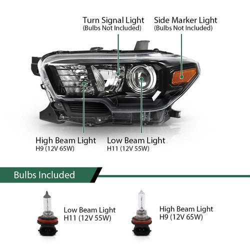 Solid Spare Fit For 2016-2023 Toyota Tacoma Black Projector Headlights Headlamps w/o LED DRL