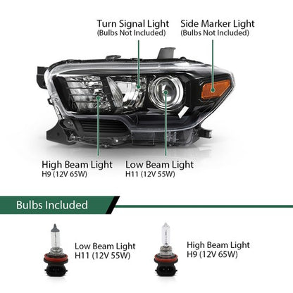 Solid Spare Fit For 2016-2023 Toyota Tacoma Black Projector Headlights Headlamps w/o LED DRL