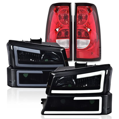 Solid Spare Fit For 03-06 Chevy Silverado Smoke Lens LED DRL Headlights+Red Tail Lights