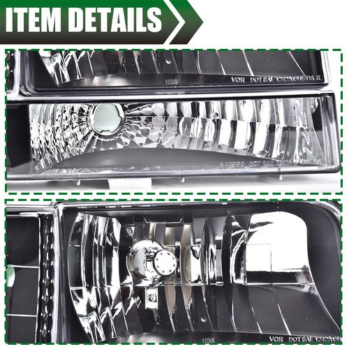 Solid Spare Fit For 1992-1996 Ford F150 F250 F350 Bronco Amber Reflector Black Headlights