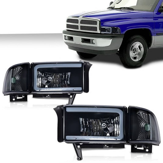 Solid Spare Fit For 94-02 Dodge Ram 1500 2500 3500 Clear Corner Smoke LED DRL Headlights