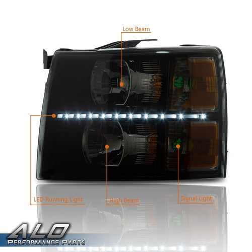 Solid Spare Smoke Lens Black LED DRL Headlights Fit For 07-14 Chevy Silverado 1500 2500 3500