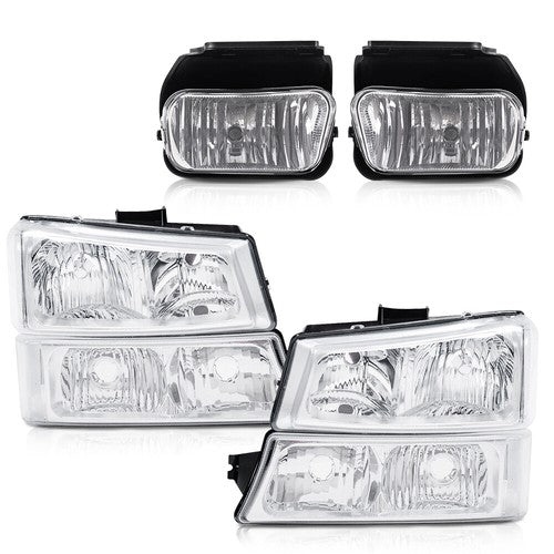Solid Spare Fit For 2003-2007 Chevy Silverado/Avalanche Clear Chrome Headlights+Fog Lights
