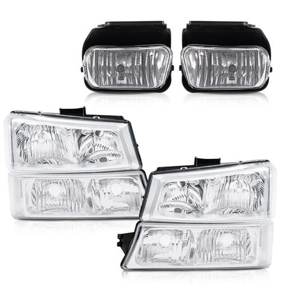 Solid Spare Fit For 2003-2007 Chevy Silverado/Avalanche Clear Chrome Headlights+Fog Lights