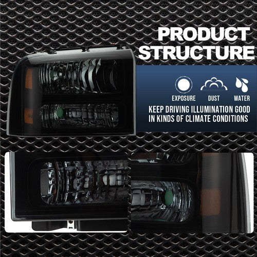 Solid Spare Fit For 2005-2007 Ford F250 F350 F450 F550 Super Duty Smoke Lens Headlights