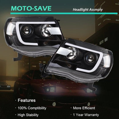 Solid Spare For Toyota Tacoma 2005-2011 Black LED Tube Projector Headlights Headlamp Pair