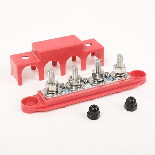 Solid Spare 250A 12V 4 Post Busbar Bus Bar Power Distribution Block With Cover 5/16" Red