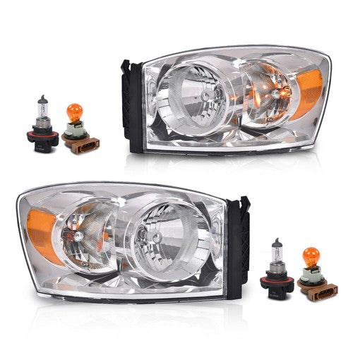 Solid Spare Pair Headlights Chrome Housing Fit For 2006-2009 Dodge Ram 1500 2500 3500