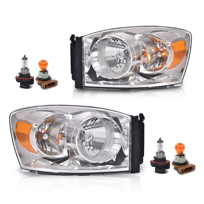 Solid Spare Pair Headlights Chrome Housing Fit For 2006-2009 Dodge Ram 1500 2500 3500