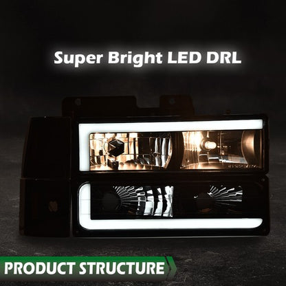 Solid Spare LED DRL Headlights+Bumper Corner Lamps Black Fit For 94-00 Chevy GMC C/K Pickup