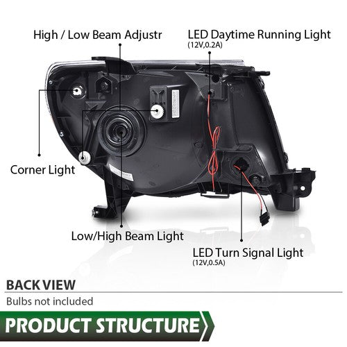 Solid Spare New Fit For Toyota Tacoma 2005-2011 LED DRL Tube Chrome Headlights Headlamps