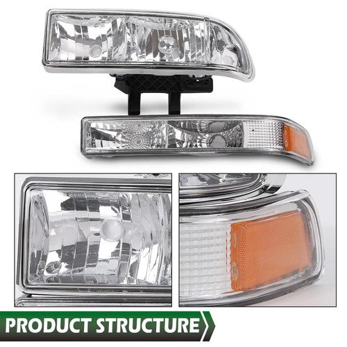 Solid Spare Fit For 98-04 Chevy S10 Blazer Chrome/Amber Corner Headlights Bumper Headlamps