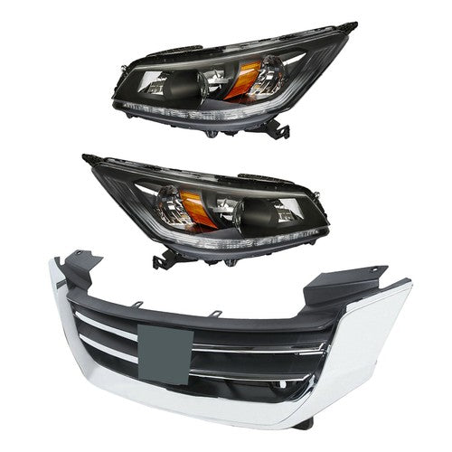 Solid Spare Headlights W/LED DRL Halogen& Bumper Grille For 13-15 Honda Accord Chrome Pair