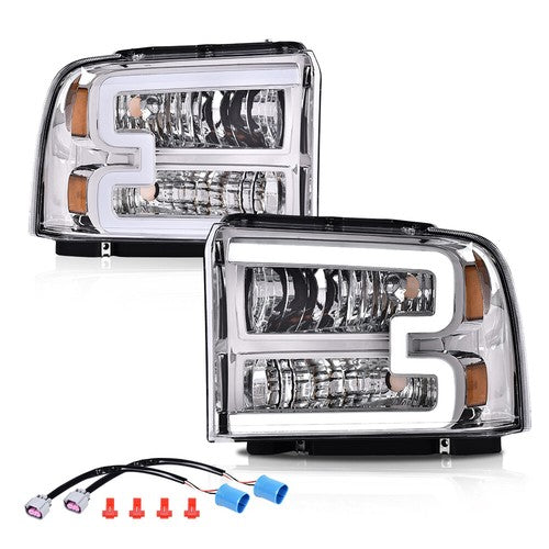Solid Spare Fit For 05-07 Ford F250 F350 Super Duty Conversion LED DRL Headlights Chrome