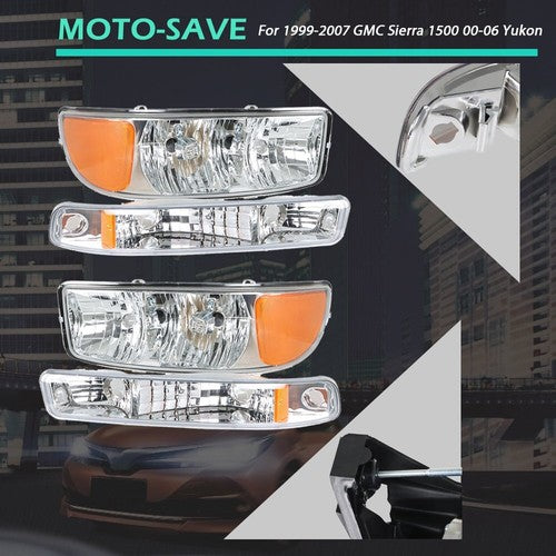 Solid Spare Pair Set For GMC Sierra 1500 1999-2007 Headlight Replacement Halogen Clear Lens