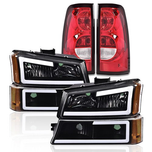 Solid Spare New Fit For 2003-2006 Chevy Silverado Black LED DRL Headlights+Red Tail Lights