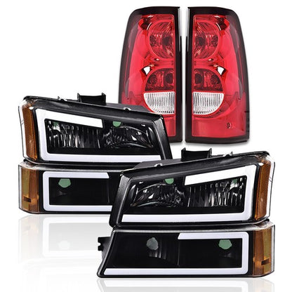 Solid Spare New Fit For 2003-2006 Chevy Silverado Black LED DRL Headlights+Red Tail Lights
