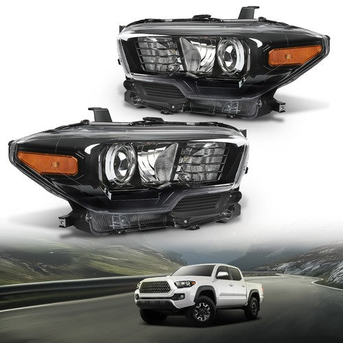 Solid Spare Fit For 2016-2023 Toyota Tacoma Black Projector Headlights Headlamps w/o LED DRL