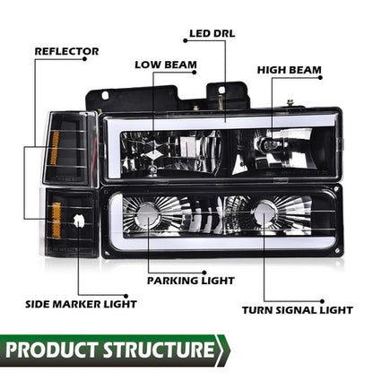 Solid Spare Fit For 88-98 Chevy GMC Sierra C/K Silverado Black LED Tube Headlights Headlamp