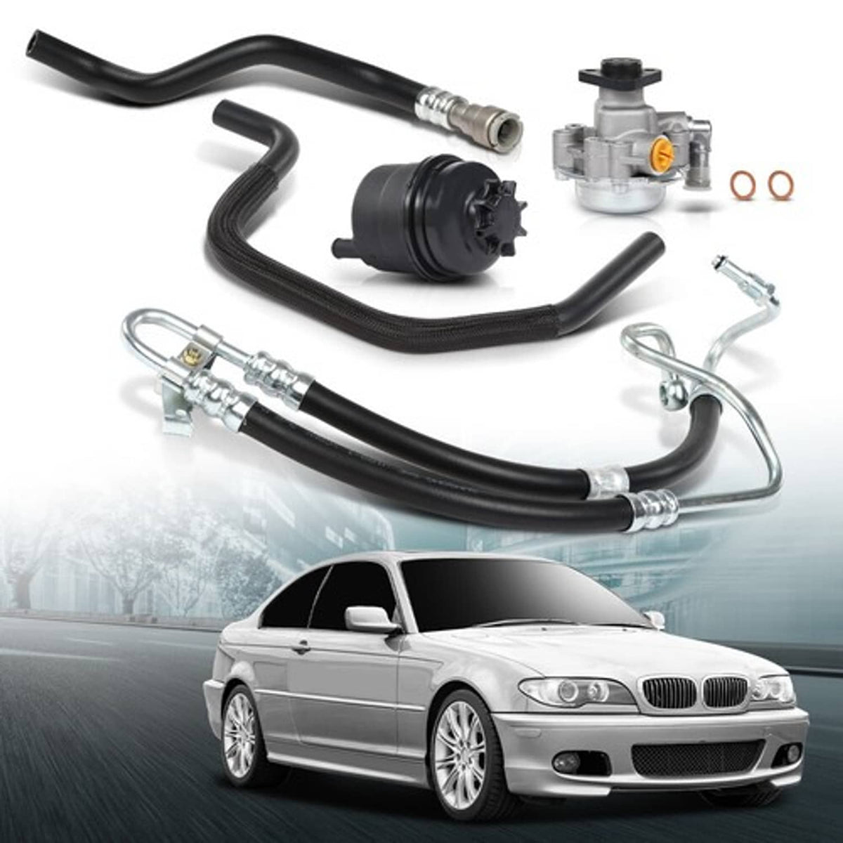 Solid Spare Fit for 01-05 BMW E46 325i 330i Power Steering Pump + Hoses + Reservoir w/ Cap
