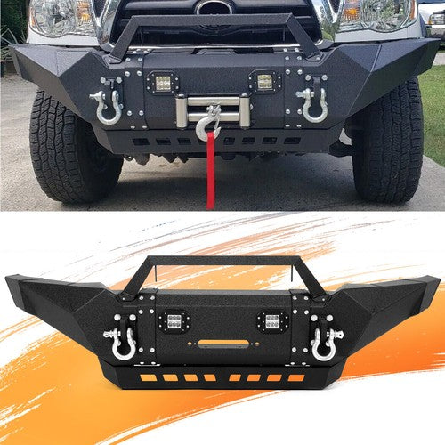 Solid Spare For Toyota Tacoma 2005-15 Front Bumper Steel w/Winch Plate&LED Lights&Skid Plate
