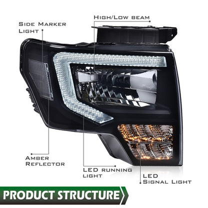 Solid Spare Fit For 2009-2014 Ford F-150 F150 Headlights Black/Smoke LED DRL Head Lamps