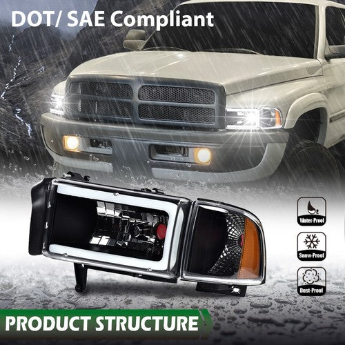 Solid Spare Amber Corner Black LED DRL Headlights Fit For 94-02 Dodge Ram 1500 2500 3500