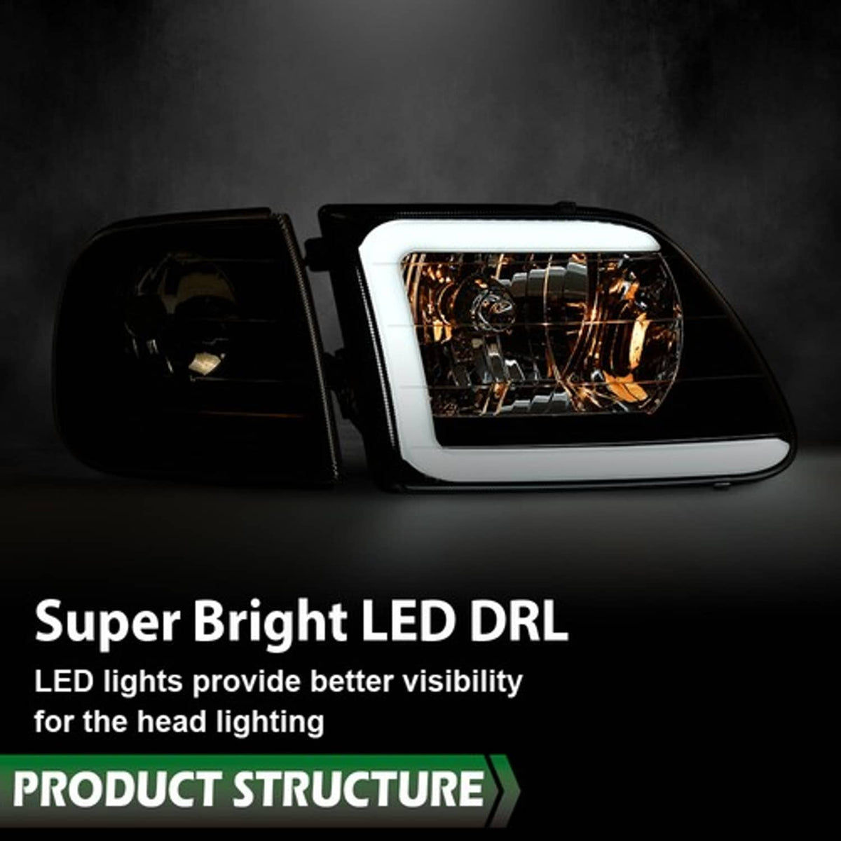 Solid Spare Fit For 97-04 F-150 Expedition LED DRL Headlights & Corner Lights Black/Clear
