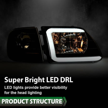 Solid Spare Fit For 97-04 F-150 Expedition LED DRL Headlights & Corner Lights Black/Clear