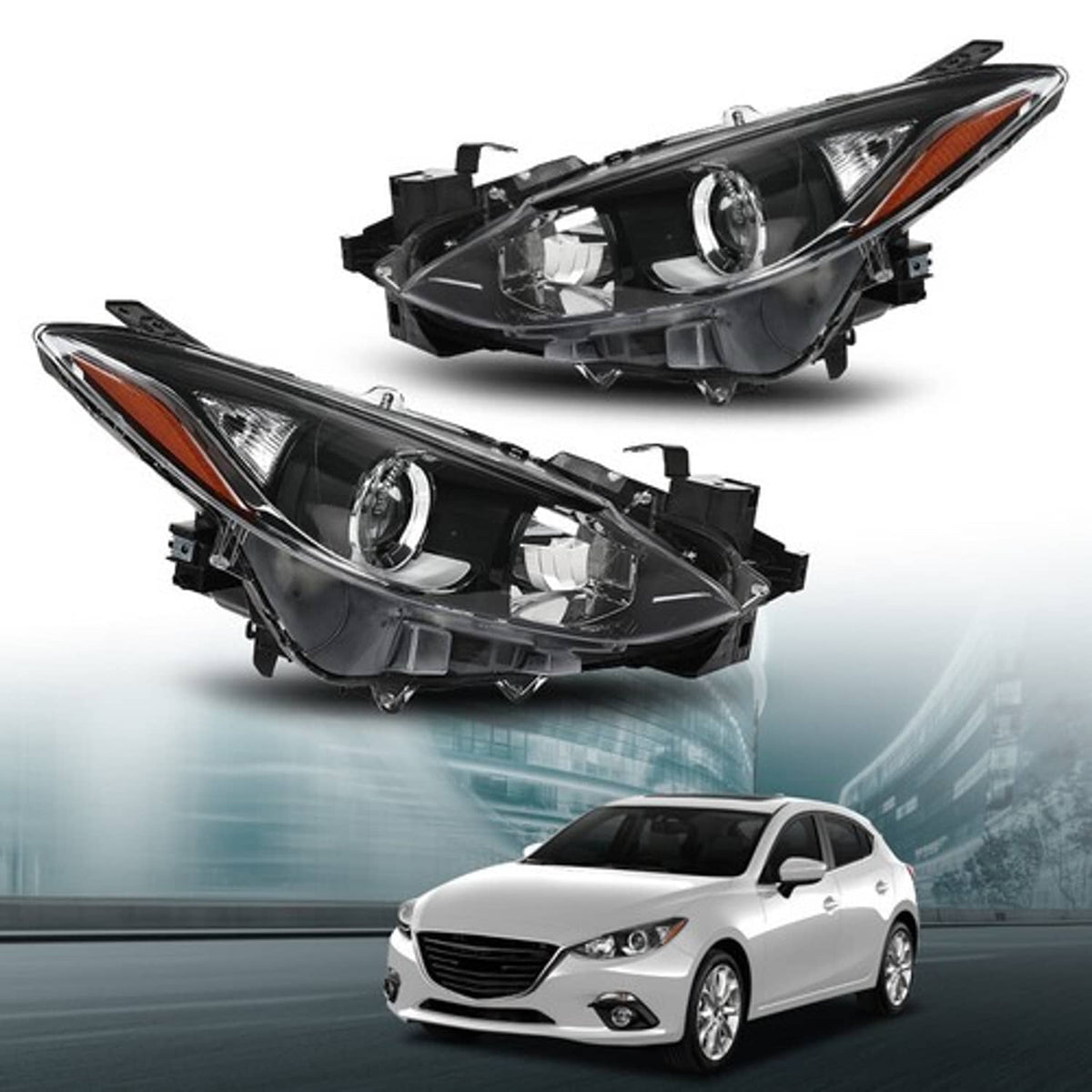 Solid Spare Fit For 2014-2016 Mazda 3 Amber/Black Projector Headlights Assembly Left+Right