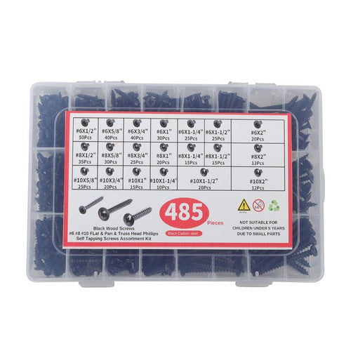 Solid Spare 485Pcs Black Wood Screws Assortment Kit, #6#8#10 round Head,Truss Head,Flat Head
