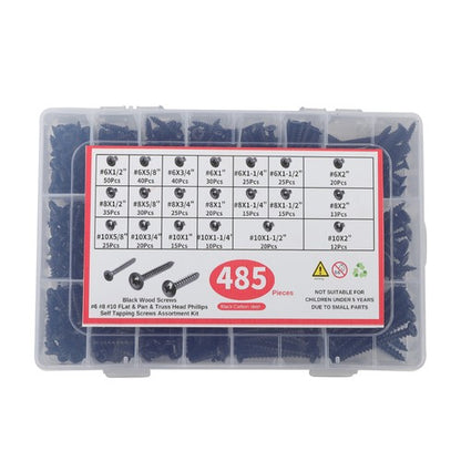 Solid Spare 485Pcs Black Wood Screws Assortment Kit, #6#8#10 round Head,Truss Head,Flat Head