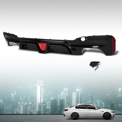 Solid Spare Gloss Black For BMW G30 M Sport 17-23 M5 CS Style Rear Bumper Diffuser W/Red LED