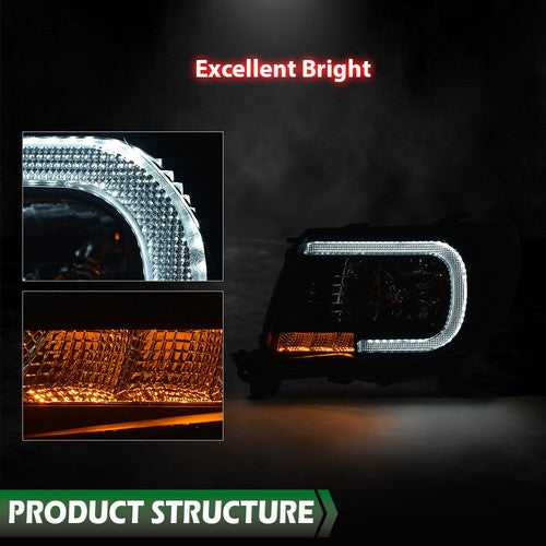 Solid Spare Fit For 2005-2011 Toyota Tacoma Smoke Lens Black Housing Headlights w/LED DRL