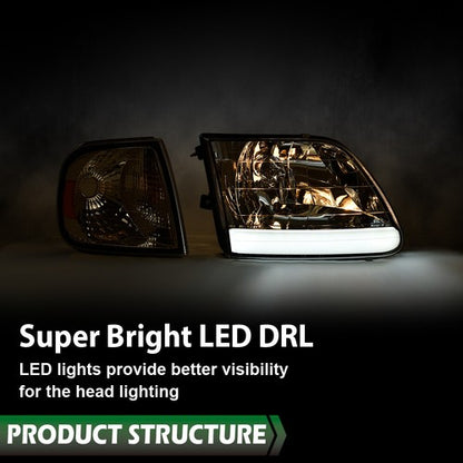 Solid Spare Fit For 97-2004 F-150 Expedition Chrome/Clear LED DRL Headlights & Corner Lights